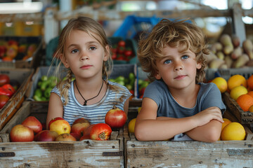 Fototapeta premium neural network sees a boy and a girl in boxes with fruits