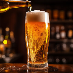 Draft cold beer poured in glass from bottle, Draught beer