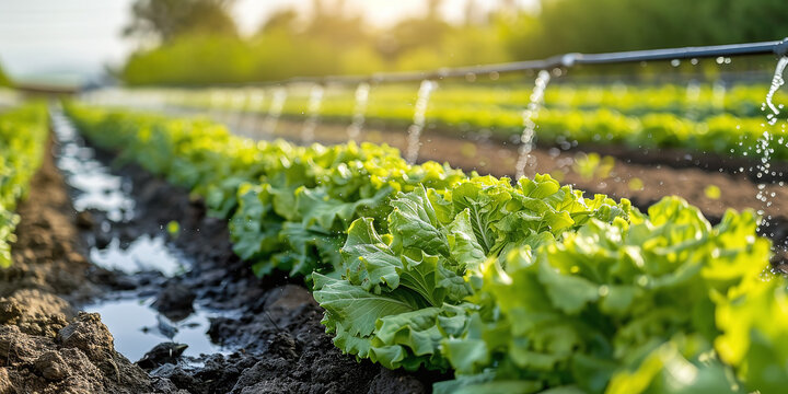 A field irrigation system waters rows of lettuce on farmland