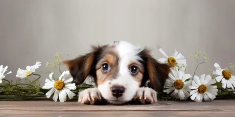 Fotobehang A cute puppy peeks out behind a wooden board decorated with white daisy flowers. © OleksandrZastrozhnov