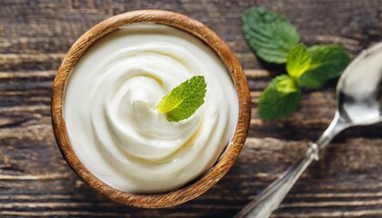 close up of white natural creamy vanilla yogurt top view - obrazy, fototapety, plakaty