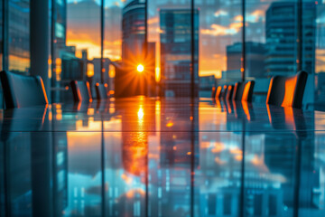 office with panoramic windows overlooking glass office buildings in the rays of sunset, reflections in the glass table