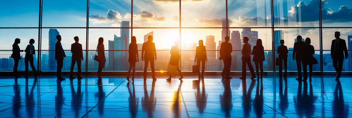panoramic windows and city views at sunset, silhouettes of businessmen or office workers