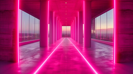 Futuristic Neon Lights Tunnel: A Vibrant Corridor Illuminated with LED Lights, Representing Modern Technology and Design