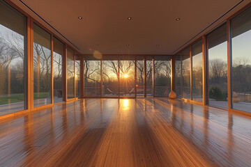 A serene yoga studio with bamboo flooring and floor-to-ceiling windows letting in the soft glow of...