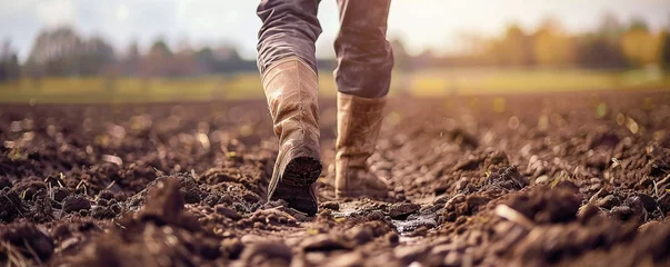 Keuken spatwand met foto farmer walks through a plowed field in spring © Oleksandr