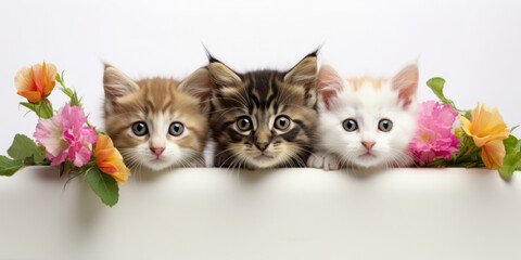 A row of cute kittens peeks out behind a white banner decorated with spring flowers. Banner mockup with free space for product placement or advertising text.