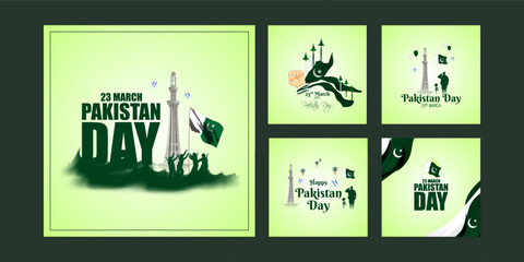 Vector illustration of Pakistan Day social media feed set template - obrazy, fototapety, plakaty