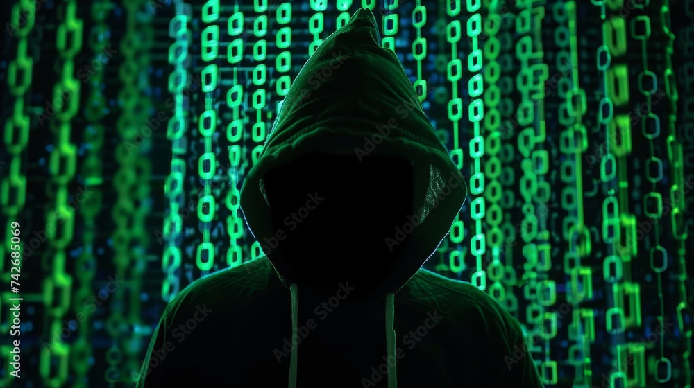 Poster a hooded silhouette stands before a backdrop of streaming green binary code, evoking themes of cyber