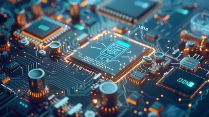 Fototapeta premium Close-up view of a futuristic circuit board with illuminated lines and components, symbolizing high-tech electronics.