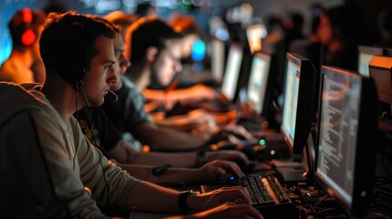 Intensely concentrated gamers participate in an esports competition, with backlit computer screens illuminating their focused faces.