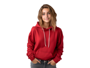 teenager girl in hoodie with hands in pockets, isolated smiling young woman
