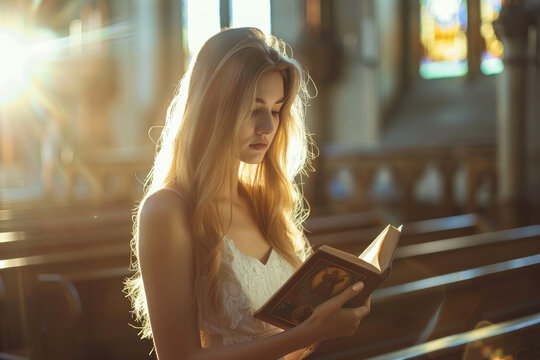 a beautiful and young woman reading bible in a church with heaven light, praying to god