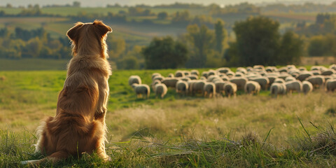 dog on a farm watching a flock of sheep - obrazy, fototapety, plakaty