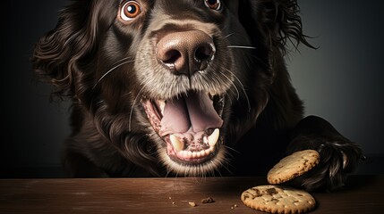 treat dog eating biscuit - obrazy, fototapety, plakaty