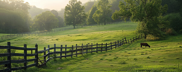 Cows graze on a green lawn behind an old farm fence.