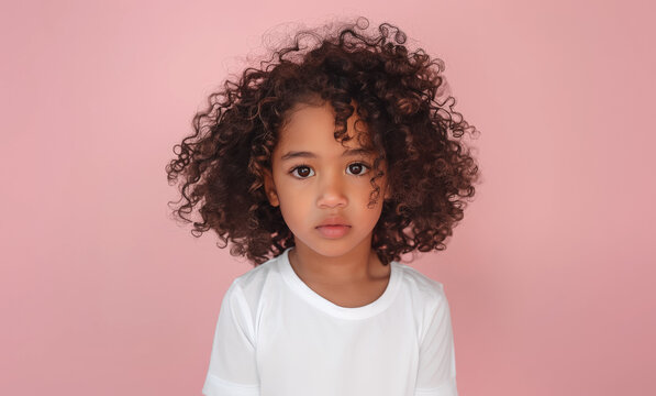 niña afroamericana de pelo negro corto rizado posando con camiseta blanca sobre fondo rosa

