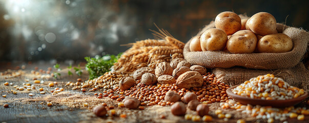 Beans, whole grains, nuts and seeds, potatoes - obrazy, fototapety, plakaty