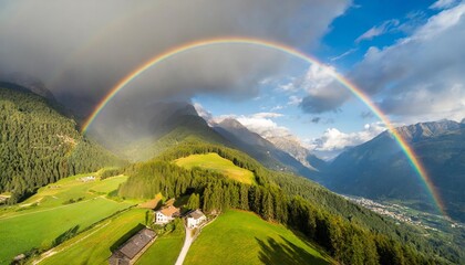 aerial view of rainbow among green fields and coniferous forest in the mountains italian alps natural background