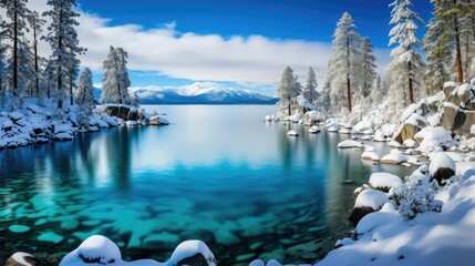 mountains lake tahoe winter - obrazy, fototapety, plakaty