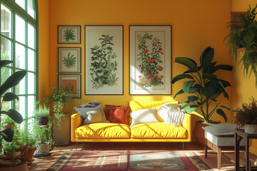 Vintage-style botanical illustrations adorning the walls of a charming pastel yellow room.