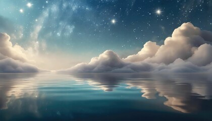 background concept, calm water with clouds and stars in the background, 3d soft, ramadan abstract background