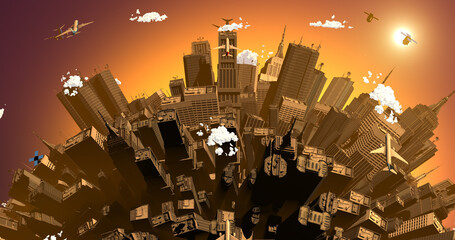 Crowded and big city on rotating earth. Airplanes flying. Overpopulated earth covered by cities 3d illustration render.