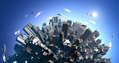 Aerial view of big metropolitan cities on earth. Airplanes flying over. Earth covered by cities 3d illustration render.