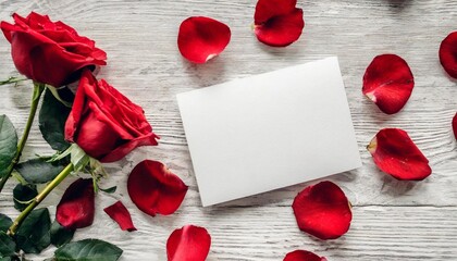 white card mockup with red roses and petals on light table top view