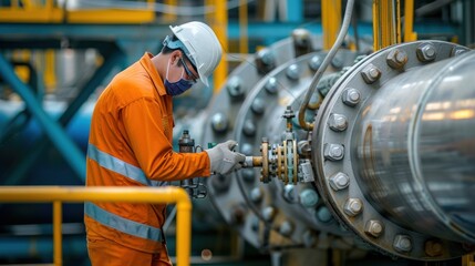 Fototapeta premium At a modern engineering project site, workers are using advanced equipment and methods to ensure the quality of the project