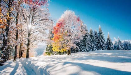 Fototapeta na wymiar magical winter landscape scene with colorful trees