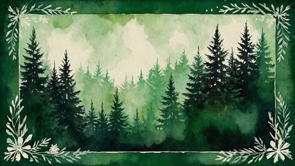 watercolor green fir forest with floral frame