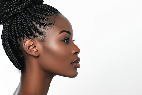 Profile of woman with braided hair on white background. Beauty and haircare.