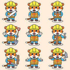 Cute Tiger Construction Contractor Illustration. Vector illustration of a cute building foreman Tiger . Cute Tiger construction worker cartoon. Flat Cartoon Style.