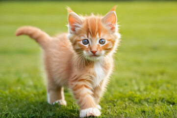 Naklejka na ściany i meble Cute red kitten walks on the green grass