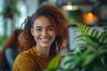 portrait of happy pretty young working woman with curly hair and orange shirt on the eco friendly modern office