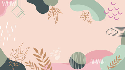 Hand drawn abstract design background filled with leaves, flowers, and geometric shapes can be used as backdrop on walls as a wallpaper