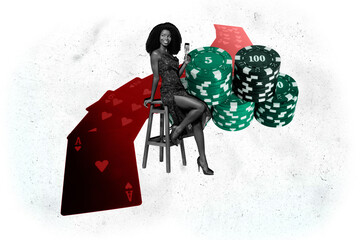 Creative abstract template collage of attractive female sit chair casino party chips playing cards bizarre unusual fantasy billboard