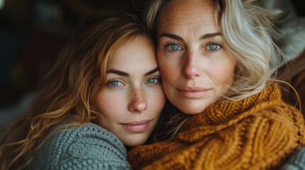 Portrait of an adult daughter and elderly mother with blue eyes and shared affectionate gaze