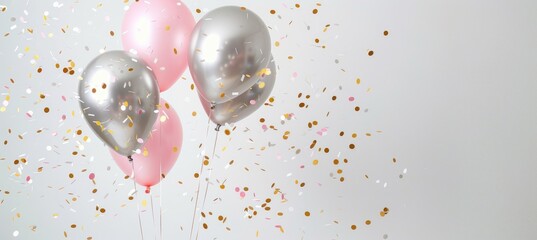 Pink balloons and sparkly confetti on a white background. Celebration