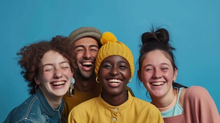 happy face of people from different ethnicity in blue backdrop  - obrazy, fototapety, plakaty
