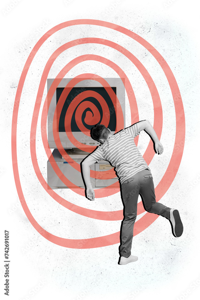 Aufkleber collage image of brainwashed under control man going to pc monitor watching russian propaganda illus