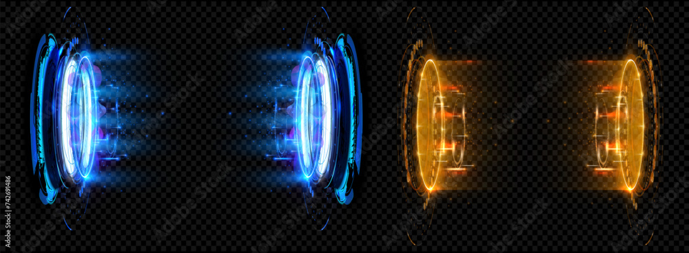 Aufkleber dynamic energy portals in blue and orange hues with futuristic glow. twin energy portals pulsating w