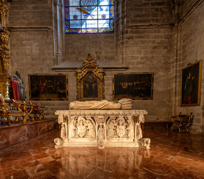Cathedral of Seville.Interior of the chapel of San Hermenegildo in the cathedral of Seville , ( Spain ). In the foreground the sepulcher of Cardinal Juan de Cervantes


