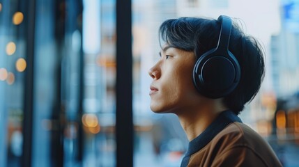 A set of noise-cancelling headphones, designed for optimal sound quality during video conference calls and business trips, asian person - obrazy, fototapety, plakaty