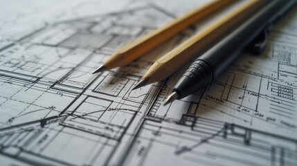 Architectural plans and pencils on the table