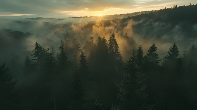 Ariel Landscape shot of forest with mist. Generative Ai image