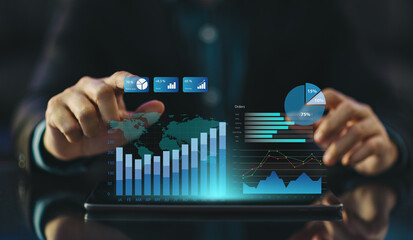 Business data analysis of digital financial technology and economic statistics growth graph. Concept of virtual dashboard technology digital marketing and global economy network connection.