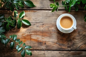 a white coffee cup on a wooden table with green plants