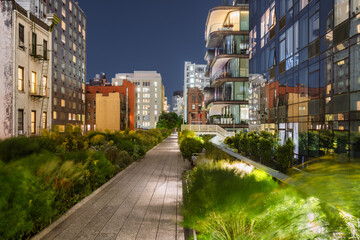 The High Line Park at twilight. Elevated promenade in the heart of Chelsea, Manhattan, New York City